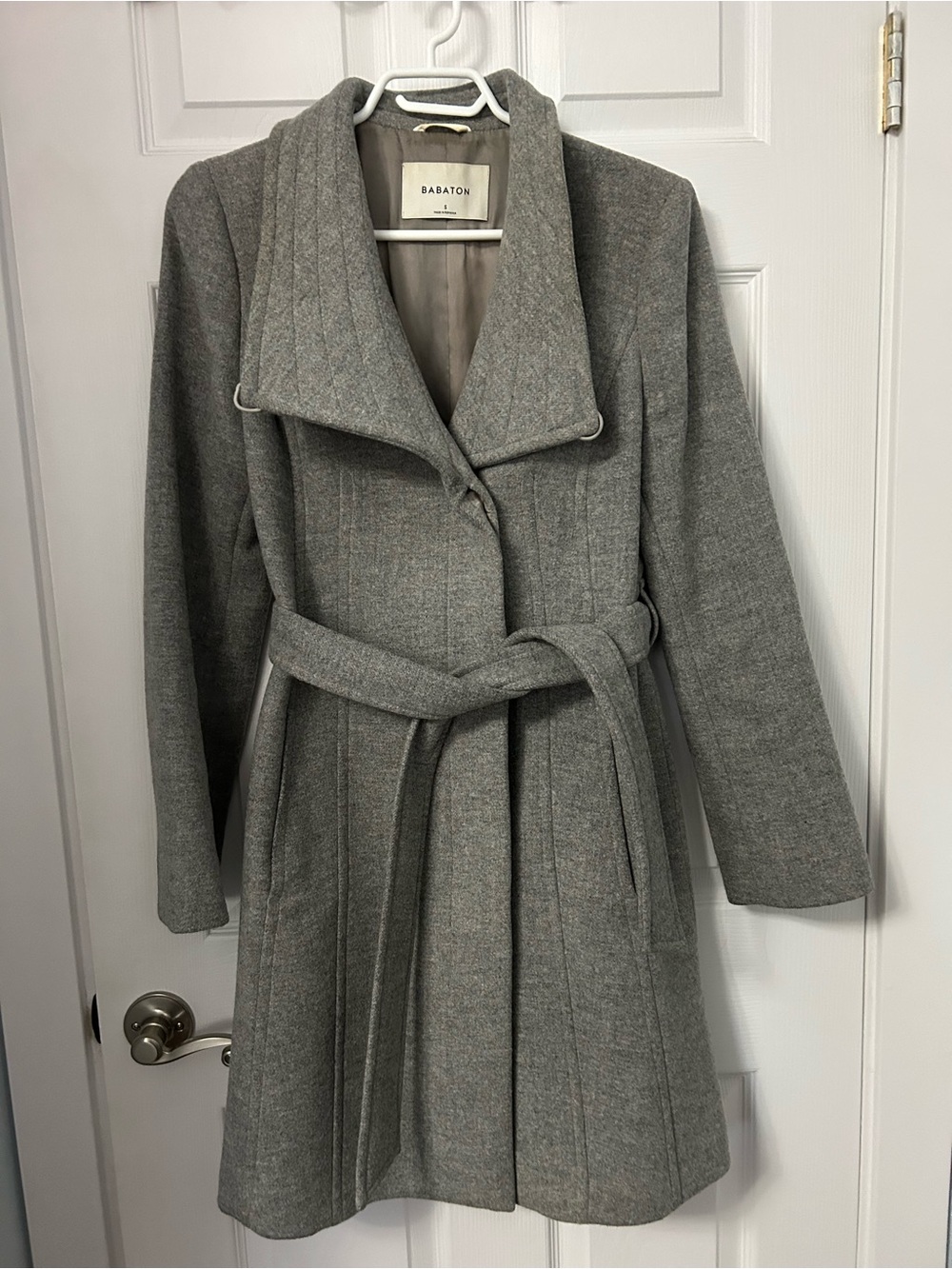 Babaton Gray Wool-Blend Belted Trench Coat